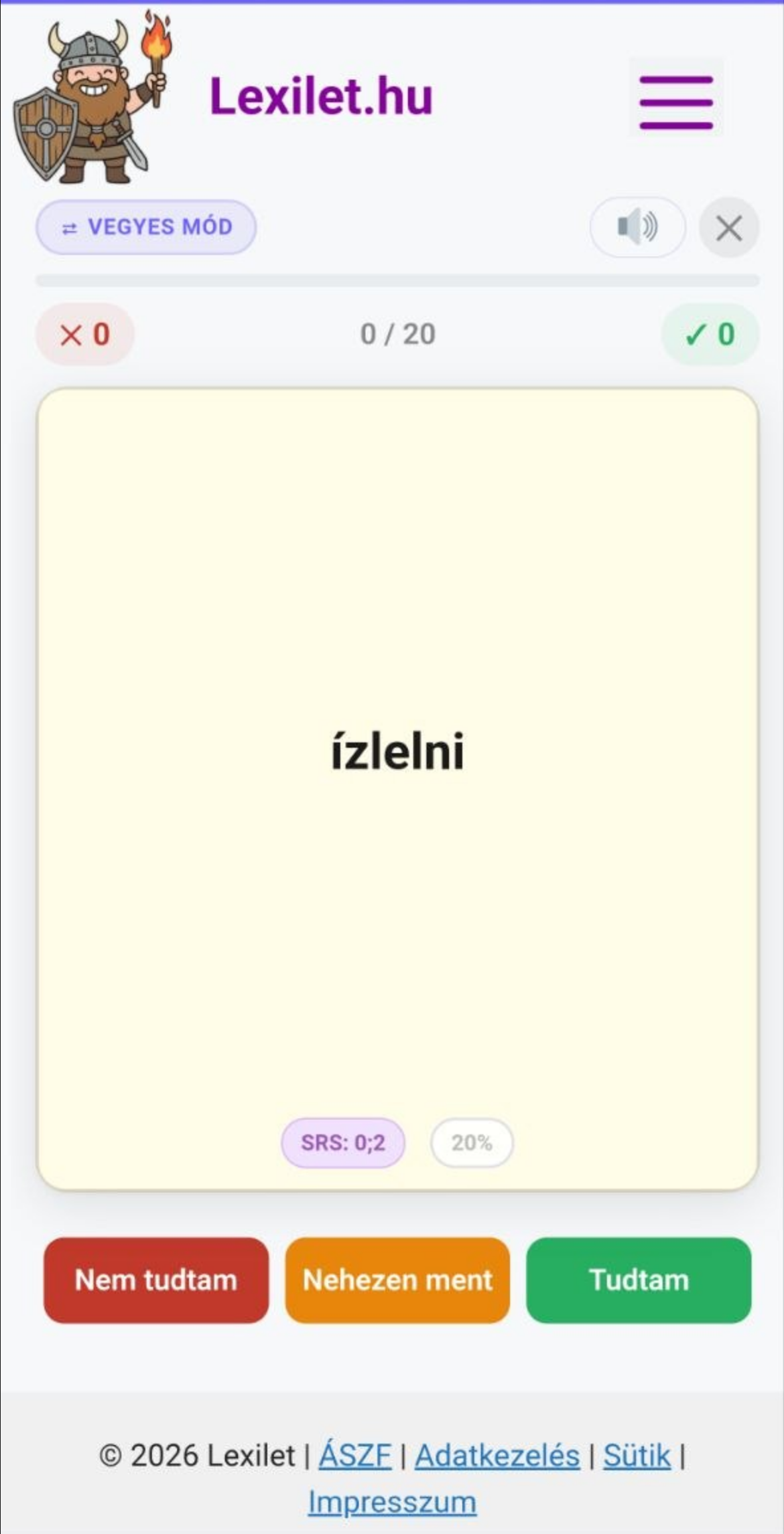Lexilet szókártya tanulás közben, SRS jelzéssel