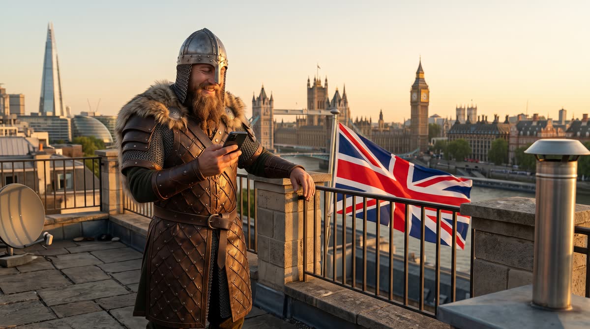 Viking egy londoni tetőteraszon telefonon nézi az eredményét, háttérben a Parlament és a Big Ben