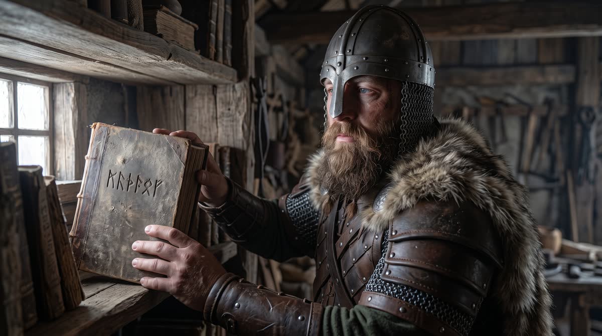 Viking visszateszi a polcra a rúnás könyvet, amit feladott