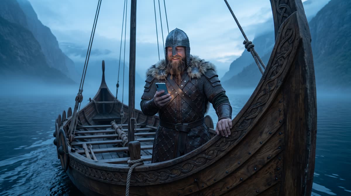Viking a hajó orrában telefonon nézi a napi új szavakat a ködös fjordon