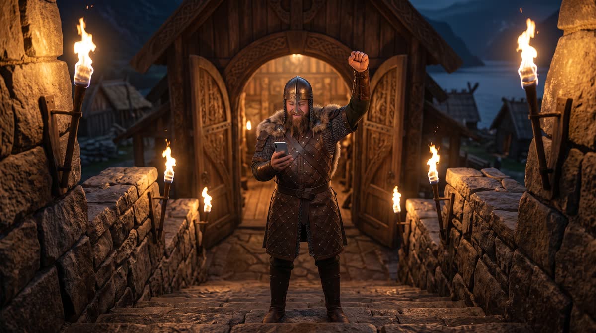 Viking a fáklyás kapuban ökölbe szorított kézzel ünnepel a záró teszt után